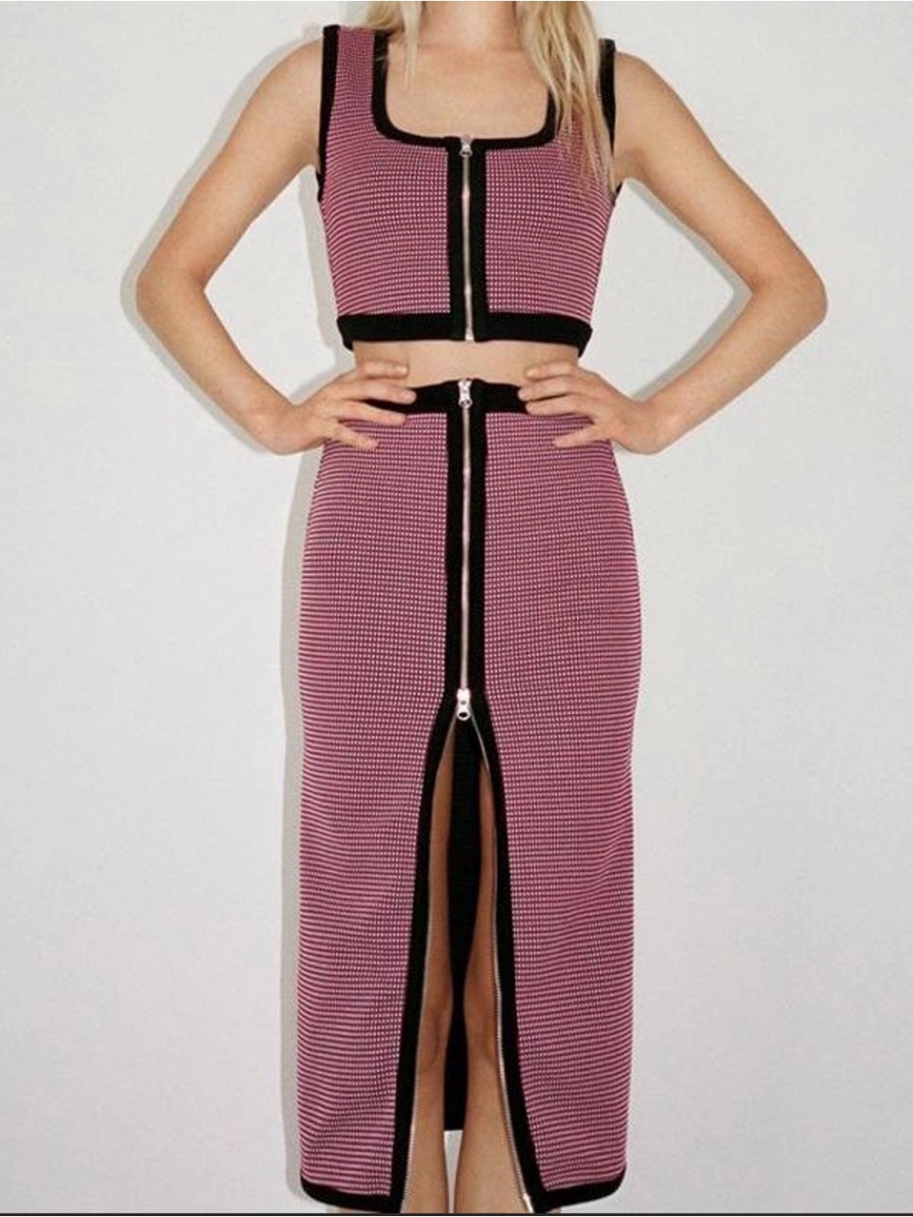 ZARA Two-Piece Red & Black Zip-Front Crop Top and Skirt Set